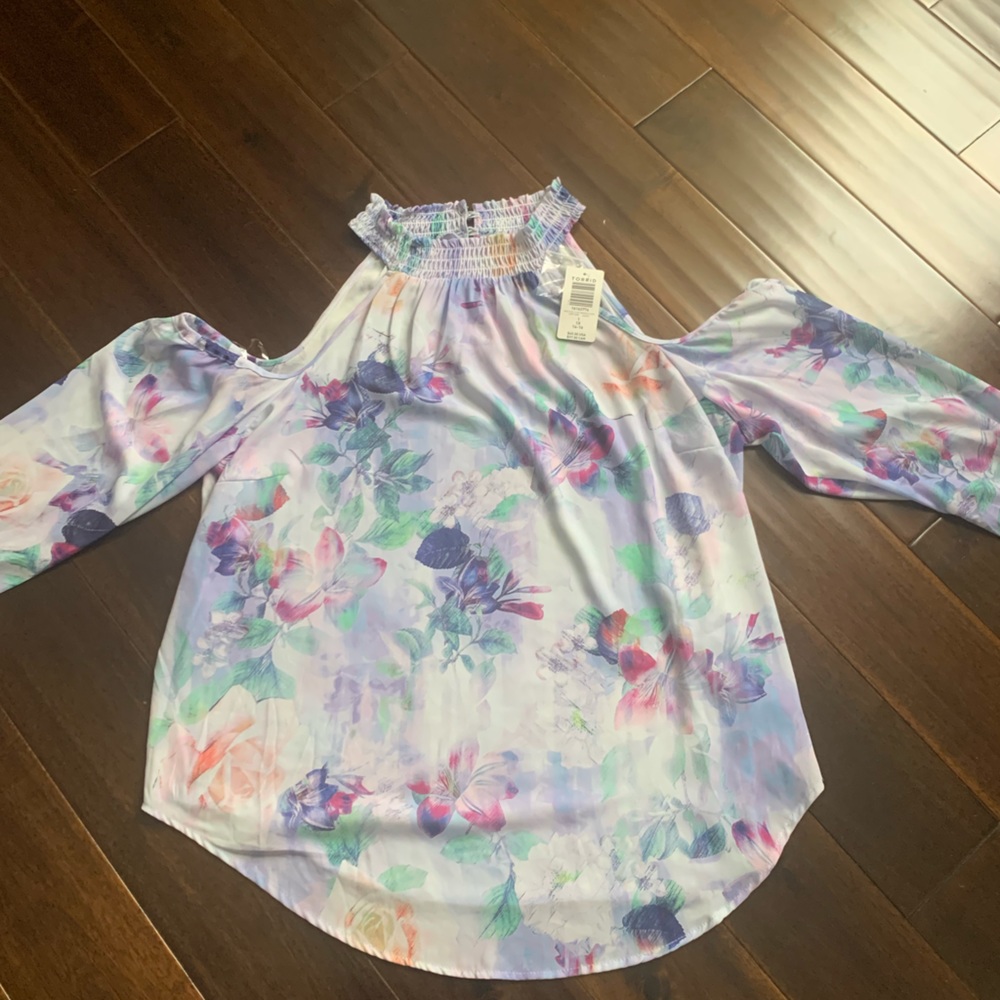 Georgette Smocked Neck Cold Shoulder Blouse - Picture 5 of 7